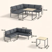 Outsunny Salon de Jardin Extérieur 3 Pièces 5 Personnes, 2 Canapés avec Coussins Épais, 1 Table Basse, 183x183x72cm, Gris Foncé(m-3)