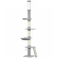 PawHut Tiragraffi per Gatti a Soffitto con Altezza 230-260 cm, 3 Pali Graffiatoi, Amaca, in Peluche, Grigio Chiaro(m-1)