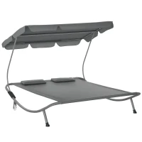 Outsunny Bain de Soleil 2 Places lit de Jardin Design Contemporain Toit réglable 2 roulettes 2 oreillers Acier époxy Polyester Gris(m-1)