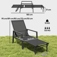 Outsunny Chaise Longue Jardin Réglable à 5 Positions avec Repose-Pieds Rétractable et Accoudoirs, Acier, 63x185x55cm, Noir(m-3)