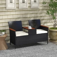 Outsunny Two-Seat Rattan Loveseat, with Wood-Top Middle Table - Black(m-2)