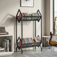 HOMCOM Organizator CD-uri pentru 50 CD-uri, Organizator Viniluri 2 Niveluri din Metal pentru DVD-uri, Cărți, Albume, Negru(m-2)