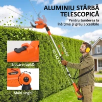 Outsunny Trimmer pentru Gard Viu pe Baterie 18V, Trimmer pentru Grădină cu 2 Baterii de 4Ah, Încărcător, Târnă Telescopică Reglabilă din Aluminiu, Lamă Cu Acțiune Dublă de 51cm pentru Ramuri, Portocaliu(m-6)
