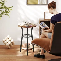 HOMCOM Small Round Side Table with 3 Storage Shelves - Rustic Brown(m-7)
