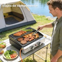 Outsunny Barbacoa de Gas con 2 Quemadores 5 kW Barbacoa Portátil con Plancha Rejilla Calentadora y Recogedor Grasa Negro(m-8)