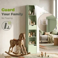 HOMCOM 6-Tier Bookcase, Tall Narrow Bookshelf with Drawer and Door - Green(m-6)
