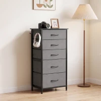 HOMCOM Chest of Drawers, Dresser with 5 Fabric Drawers, Tall Storage Unit with 4 Pockets and 2 Hooks Steel Frame, Charcoal Grey(m-8)