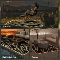 Outsunny Plastic Straw Reversible RV Outdoor Rug with LED String Light, 182 x 274cm, Black and Coffee(m-6)