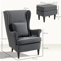 HOMCOM Sillón con Reposapiés Respaldo Alto Capitoné Patas de Madera Almohada Acolchada y Tapizado en Lino Gris(m-3)