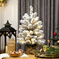 HOMCOM Mini Árvore de Natal Artificial com 35 Luzes LED 60 cm com 72 Ramos com Neve Pinhas Bagas e Base de Saco de Juta Ø37x60 cm Verde(m-10)