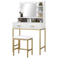 HOMCOM Măsuță de Toaletă cu Oglindă, 2 Sertare, 5 Rafturi și Taburet, din MDF și PAL, 80x40x138 cm, Alb(m-16)