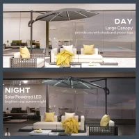 Outsunny 3(m) Cantilever Garden Parasol with Solar Powered Lights, Crank Handle & Cross Base, UPF 50+, 360° Rotation, Dark Grey(m-6)