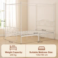 HOMCOM Canopy Bed Frame Double Size, Metal Platform Bed Frame with Headboard and Footboard, Underbed Storage, White(m-3)