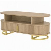 HOMCOM Mesa de Centro Oval, Mesa de Sala Moderna com Portas Tambor Deslizantes, Armazenamento Fechado, Prateleiras Abertas, Carvalho