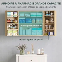 HOMCOM Armoire à pharmacie murale, armoire à médicaments avec double porte verrouillable 2 clés, 53x20x53cm, chêne(m-4)
