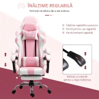 Vinsetto Scaun Gaming Ergonomic Reclinabil cu Tetieră, Pernă Lombară, Înălțime Reglabilă, Roz și Alb(m-4)