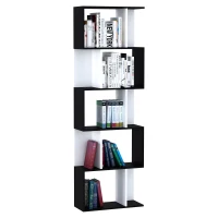 HOMCOM Bookcase, S-Shaped Wooden Bookshelf, 5/6 Tiers Freestanding Storage Shelf, Home Office Decorative Display Stand Rack, Black and White, 24D x 60W x 184.5H(m-1)
