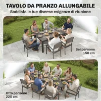 Outsunny Set da Esterno 9pz con Tavolo Allungabile e 8 Sedie Impilabili, in Alluminio e Legno Composito Grigio(m-4)