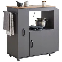HOMCOM Kitchen Trolley on Wheels, Rolling Kitchen Island Cart with Power Outlet, Cabinet, Pull-Out Drawer, Grey(m-15)