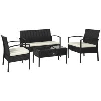 Outsunny 4 Pieces Rattan Garden Furniture Set, 4 Seater Garden Sofa Set with Loveseat, Armchairs and Glass Top Table, Wicker Conservatory Furniture with Cushions for Patio, Balcony, Black(m-1)