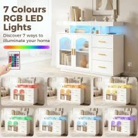 HOMCOM High Gloss Sideboard with LED Lights, Built-in Power Outlets, 3 Drawers, Shelves and 2 Acrylic Doors, White(m-6)