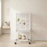 PawHut Bird Cage Detachable with Rolling Stand Parrot Cage with Storage Shelf White(m-8)