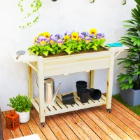 Outsunny Jardinera Elevada con Ruedas Repisas Plegables y Estante 145x52x86 cm Sistema de Drenaje y Estructura de Madera Natural(m-10)