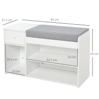 HOMCOM Bancă pentru încălțăminte cu pernă, sertar și 3 compartimente deschise din lemn, 81x31.5x49cm, Alb(m-3)