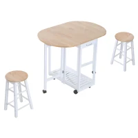 HOMCOM 3 Pieces Dining Room Set, Mobile Foldable Dining Table and 2 Stools with Storage Shelf, 2 Drawers and 6 Wheels, Drop Leaf Bar Table and Stools for Home Kitchen Pub, White(m-10)