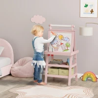 AIYAPLAY Șevalet pentru Copii 3 în 1 cu Tablă, Sul de Hârtie și 2 Containere, din Lemn, 59x48x118 cm, Roz(m-2)