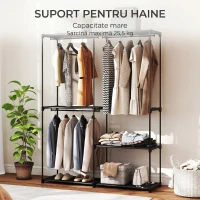 HOMCOM Dulap garderobă cu 2 bare și 4 rafturi, din material textil netesut, plastic și oțel, 142x43x185 cm, negru(m-9)