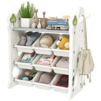 AIYAPLAY Raft pentru jucării cu 4 niveluri, 9 recipiente și cârlig lateral, din HDPE, 77x42x94 cm, alb crem(m-11)