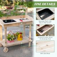 Outsunny Garden Potting Bench Table, Wooden Work Station, Outdoor Planting Workbench with 2 Wheels, Sink, Drawer & Large Storage Spaces, 92x45x119cm(m-5)