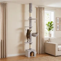 PawHut Floor to Ceiling Cat Tree, 230-250cm Multi-Level Cat Tower with Adjustable Height, Scratching Posts, Condo, Platforms(m-2)