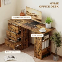 HOMCOM Computer Desk with Drawers, Home Office Desk, Writing Table, PC Workstation with 3 Storage Shelves for Working, Study, 120 x 49 x 72 cm, Rustic Brown(m-4)