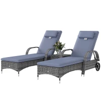 Outsunny Conjunto de 2 Tumbonas con Cojín y Respaldo Ajustable 5 Posiciones y 1 Mesita de Ratán Sintético Color Gris(m-12)