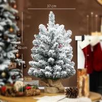 HOMCOM Mini Árvore de Natal Artificial com 35 Luzes LED 60 cm com 72 Ramos com Neve Pinhas Bagas e Base de Saco de Juta Ø37x60 cm Verde(m-3)