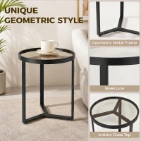 HOMCOM Round Side Table with Tempered Glass Top and Geometric Metal Frame for Small Space, Black(m-4)