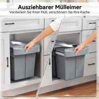 HOMCOM Coș de gunoi glisant sub chiuvetă pentru reciclare cu 2 găleți de 20L, 52x33.5x41 cm, Gri(m-4)