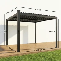 Outsunny 3 x 3 m Louvered Pergola with Solar LED lights, Metal Roof, Patio Gazebo Pergola Canopy with Drainage Gutters, Black(m-3)