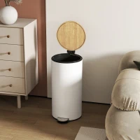 HOMCOM Cubo de Basura Cocina 30L con Pedal Tapa de Bambú de Cierre Suave y Cubo Extraíble para Dormitorio Oficina Salón Blanco(m-9)