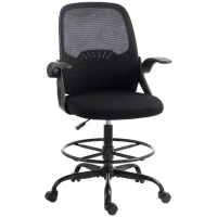 HOMCOM Scaun de Birou Ergonomic din Plasă, cu Suport Lombar și Suport pentru Picioare Reglabil, Cotiere Rabatabile, Negru(m-8)