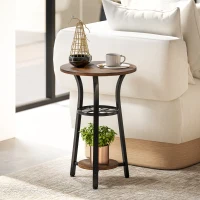 HOMCOM Small Round Side Table with 3 Storage Shelves - Rustic Brown(m-10)