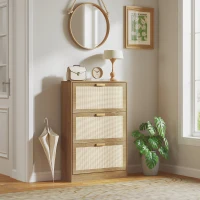 HOMCOM Dulap Pantofar pentru 18 Perechi de Pantofi cu 3 Sertare Rabatabile din Lemn și Ratan, 80x25x120 cm, Maro(m-10)