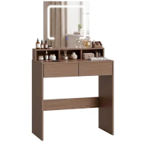 HOMCOM Vanity Table, Dressing Table with Mirror, LED Lights, 2 Drawers, 3 Compartments, 3 Colour Lighting, Walnut(m-14)