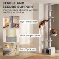 PawHut Floor to Ceiling Cat Tree, 230-250cm Multi-Level Cat Tower with Adjustable Height, Scratching Posts, Condo, Platforms(m-6)