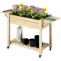 Outsunny Jardinera Elevada con Ruedas Repisas Plegables y Estante 145x52x86 cm Sistema de Drenaje y Estructura de Madera Natural(m-11)