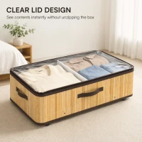 HOMCOM 60L Under Bed Storage with Wheels Pack of 2, Underbed Storage Box with Clear Lid Cover and Reinforced Handle, Natural(m-7)
