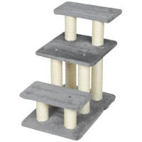 PawHut Scaletta per Cani e Gatti con 3 Scalini in Peluche e Pali Tiragraffi in Sisal, Capacità 10 kg, Grigio(m-22)