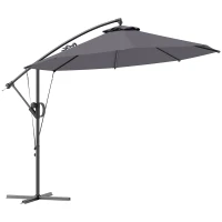 Outsunny 3(m) Garden Cantilever Parasol with Cover and Wind Protection Strap, Round Overhanging Umbrella with Crank Handle and Tilt, Banana Patio Umbrella for Outdoor Sun Shade, UPF50+, Grey(m-1)